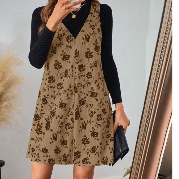 Boho Floral print Corduroy Sleeveless Mini Dress - Picture 1 of 6